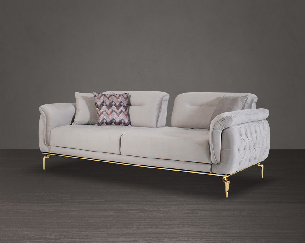 3 seater sofa upholstered in fabric with tufted back & sides in modern classic design. The backrest is reversible which creates more sitting space