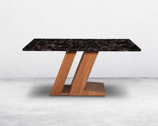 6 seater rectangle dining table with front view brown imitation marble top and walnut wood base.