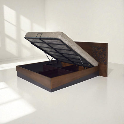 
Wooden bed with an open hydraulic storage compartment, showing mattress lifted up.