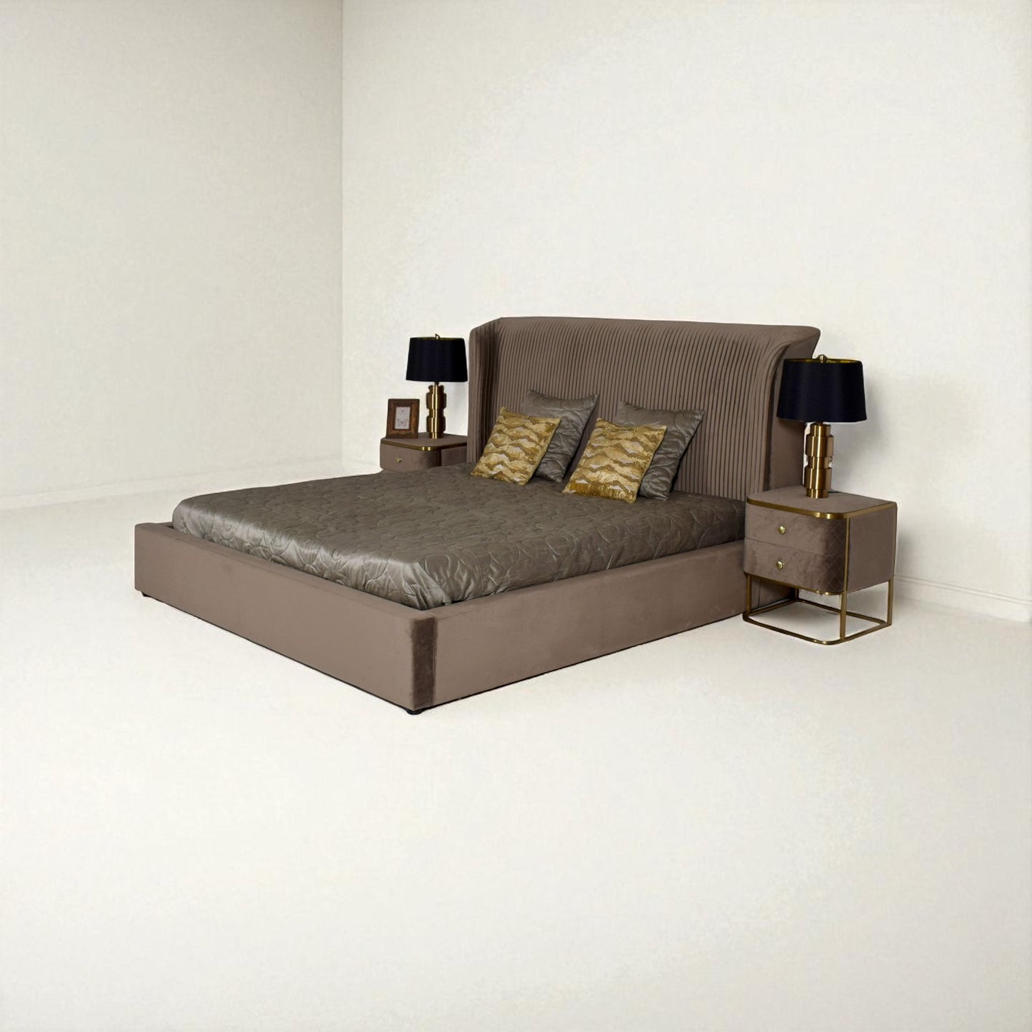 Modern bedroom setup with a bed, nightstands, and lamps on a white background