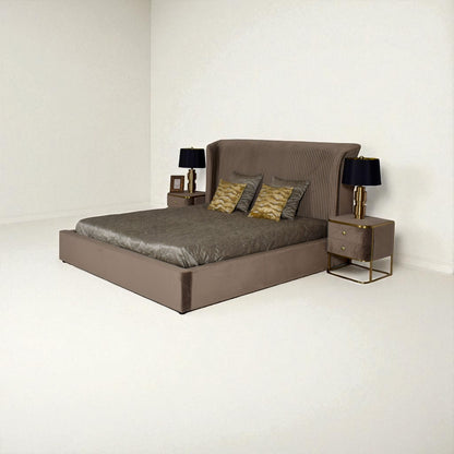 Modern bedroom setup with a bed, nightstands, and lamps on a white background