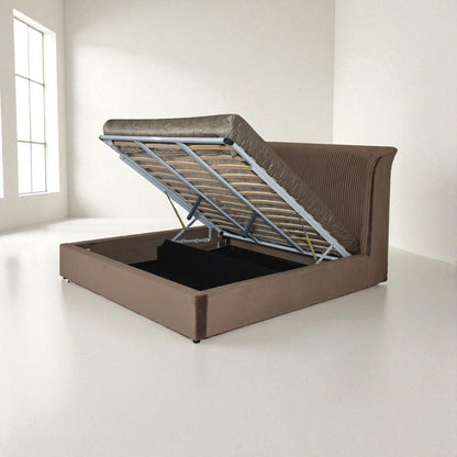 Brown bed frame with storage compartment in a minimalistic room