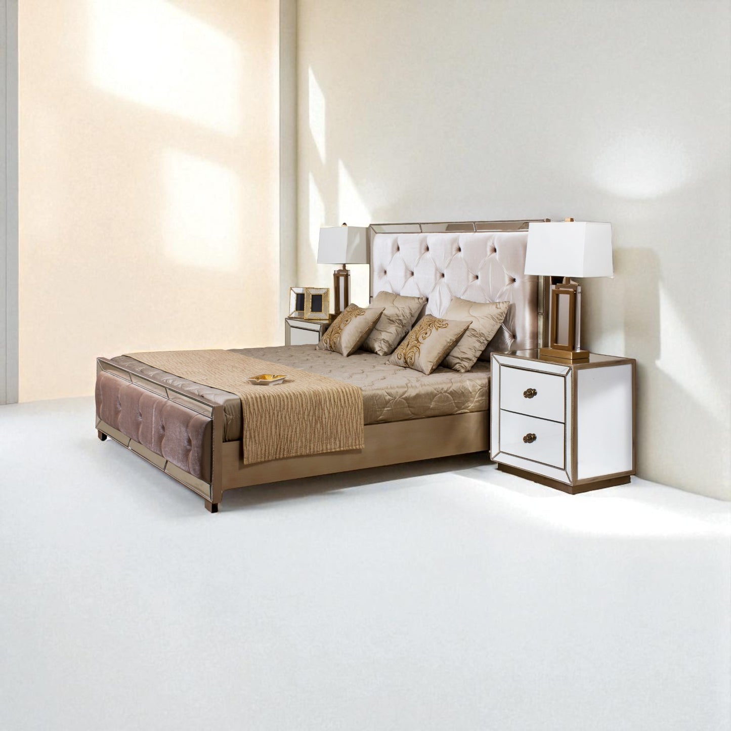 Modern bedroom with a large bed and matching nightstands.