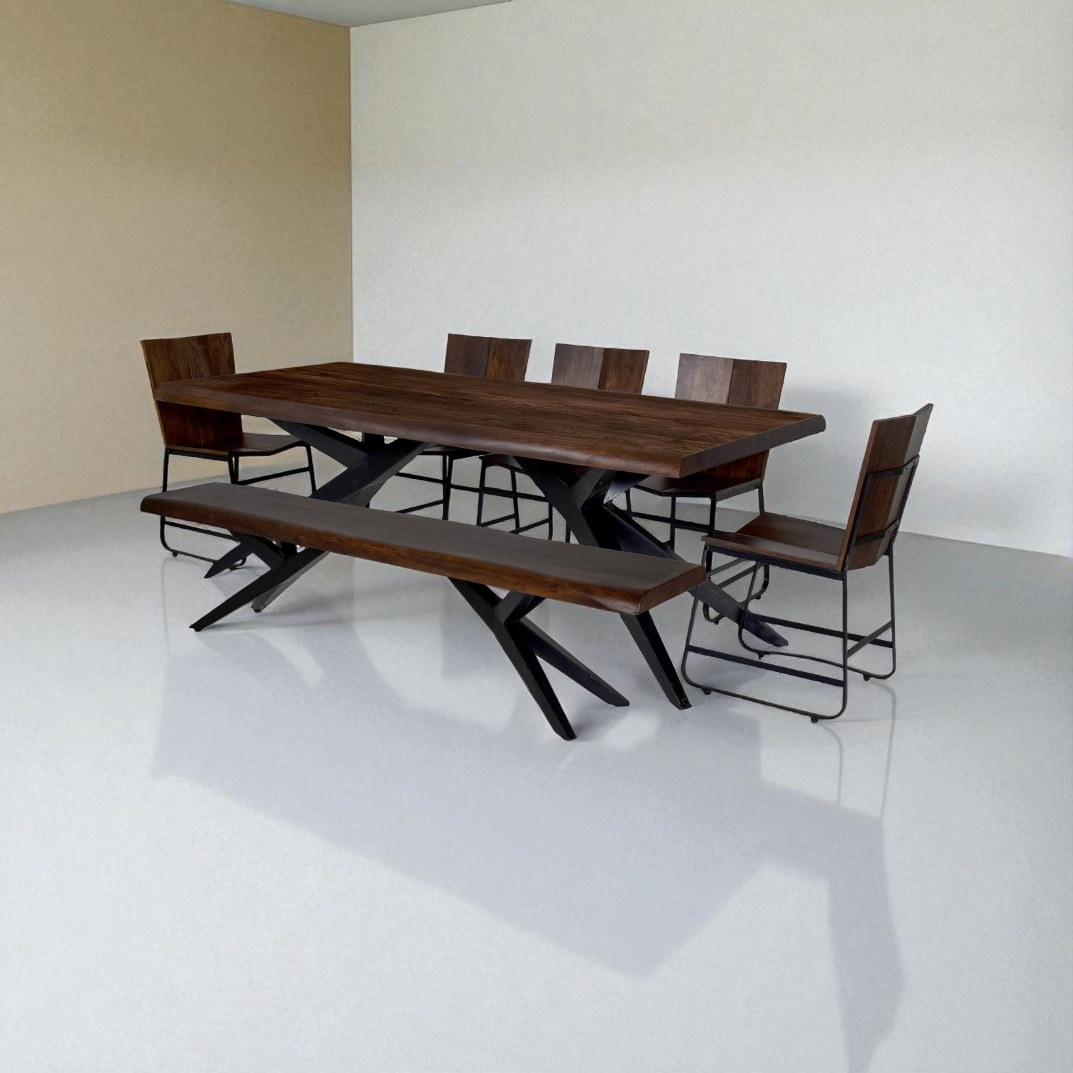 Dining table set with chairs and bench on a reflective surface