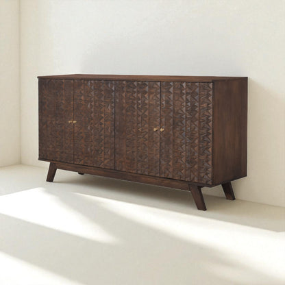 Wooden sideboard with geometric pattern on a white background