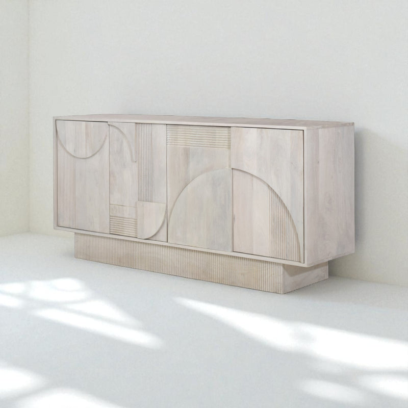 Beige sideboard with decorative items in a room setting