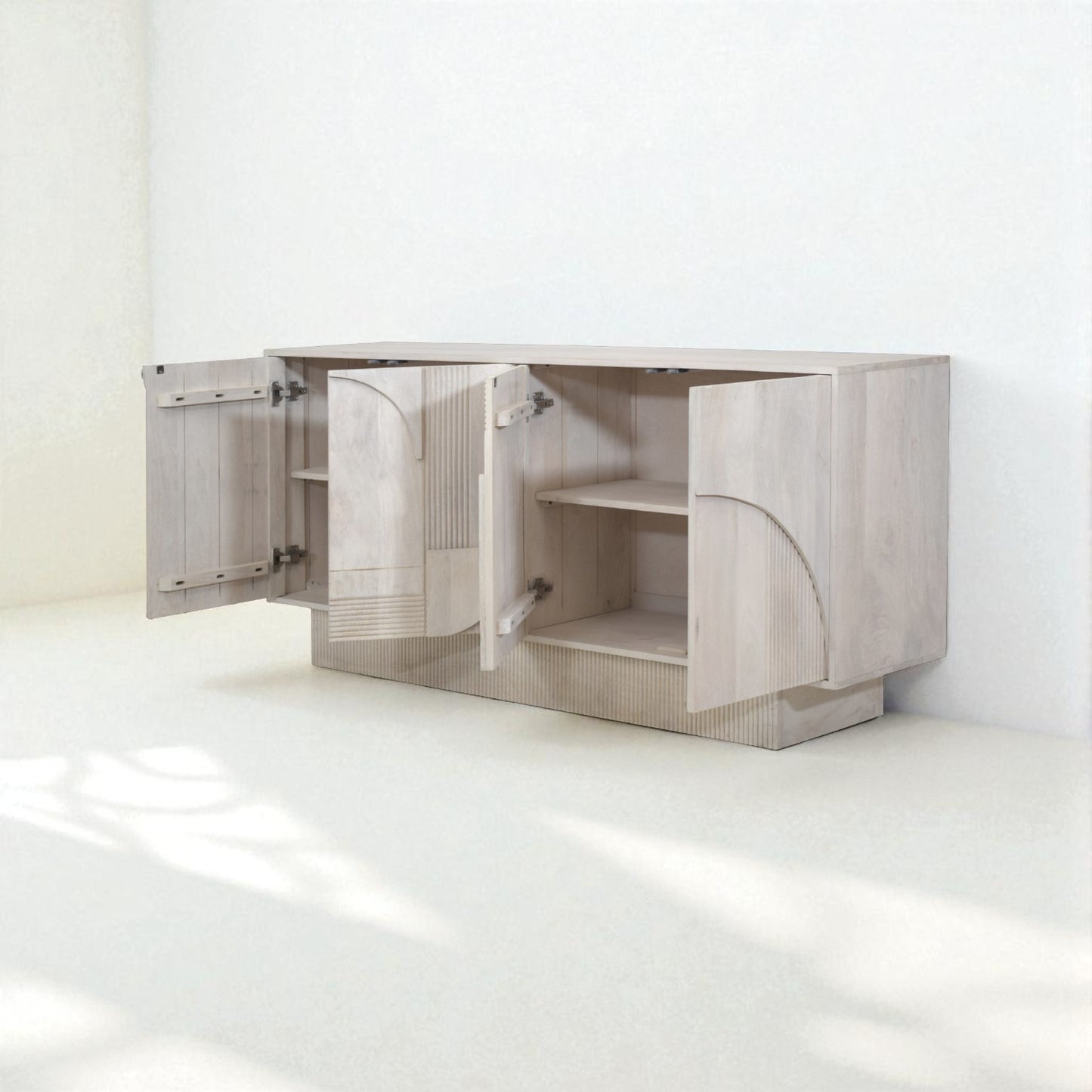 Beige sideboard with decorative items in a room setting