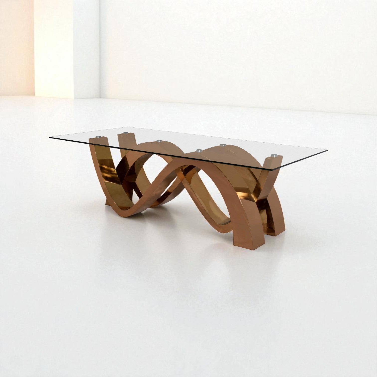 Modern glass coffee table with bronze metal base on a white background