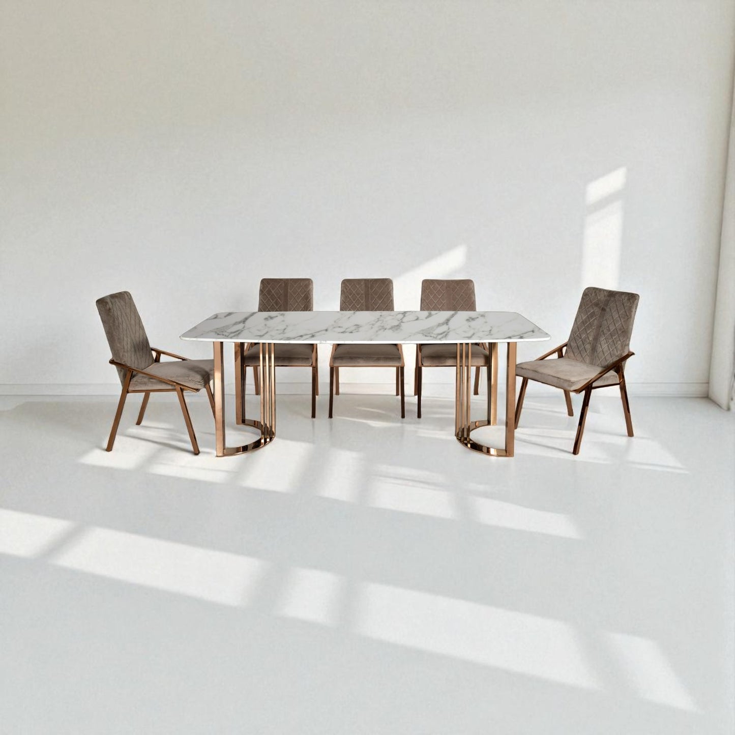 Dining table with six chairs in a minimalistic room