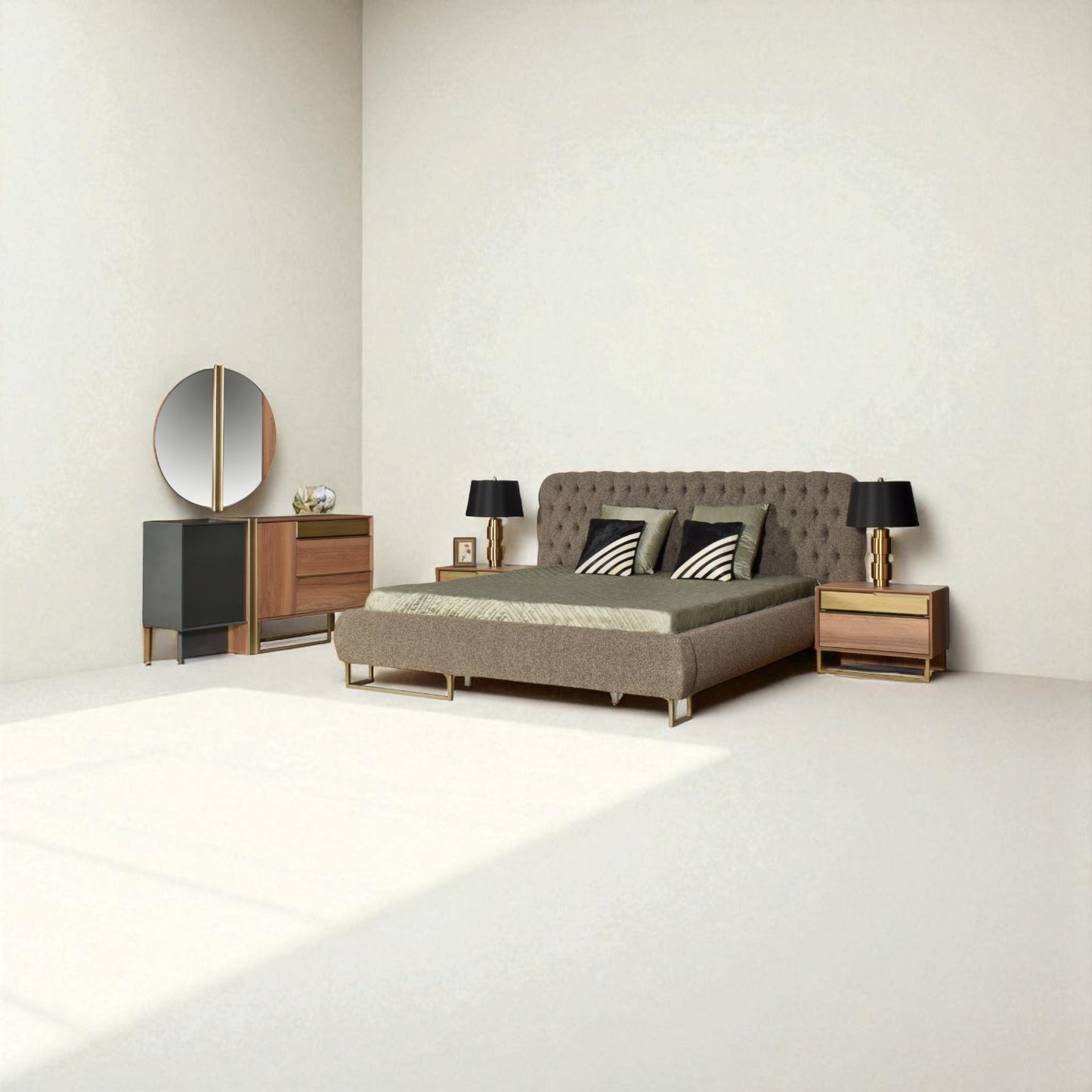 Modern bedroom setup with a bed, nightstands, and dresser against a plain wall.