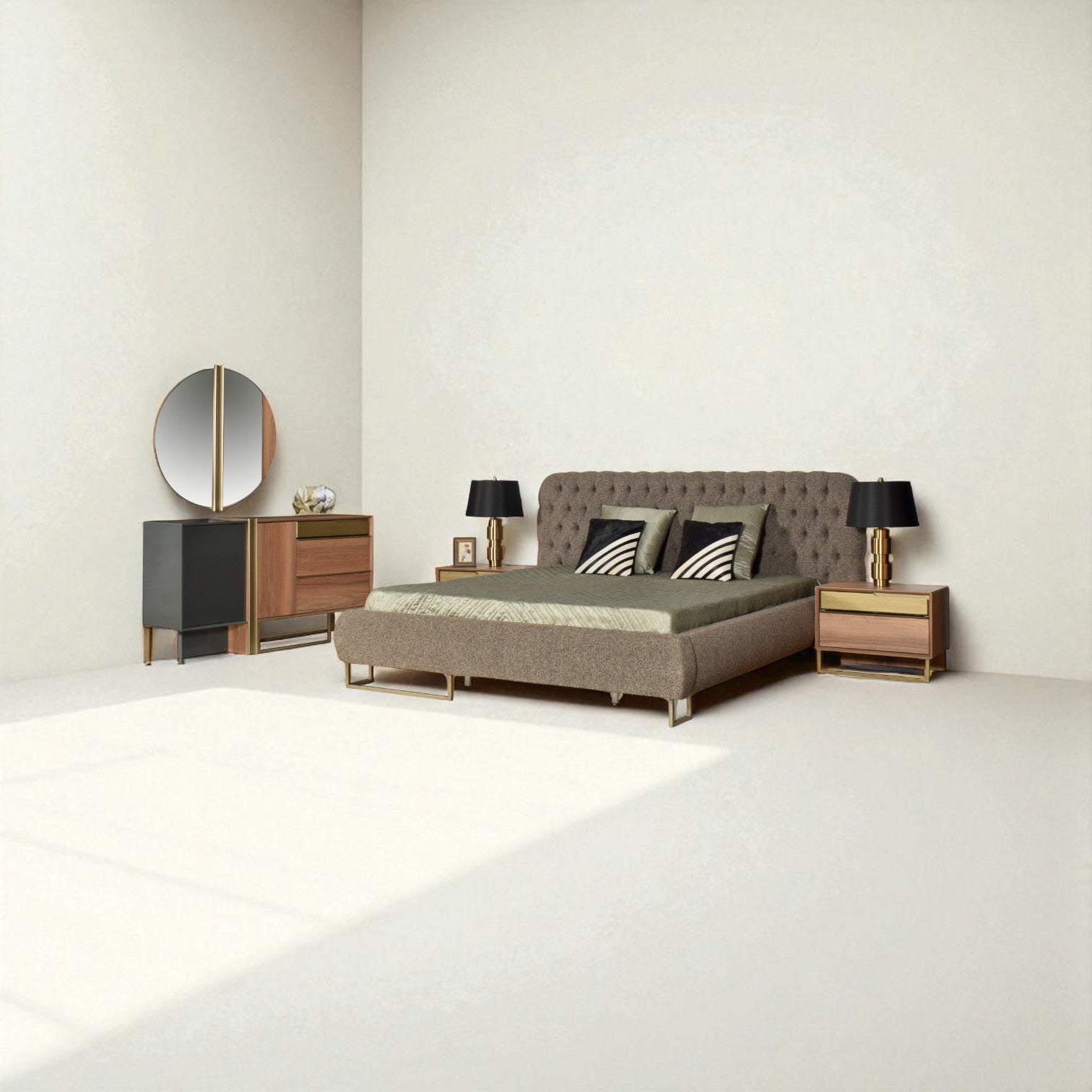 Modern bedroom setup with a bed, nightstands, and dresser against a plain wall.