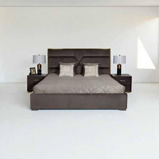 Modern bedroom setup with a bed, nightstands, and lamps against a white wall.