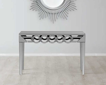 This beautiful console has a round mirror design border & mirrored legs with mirror