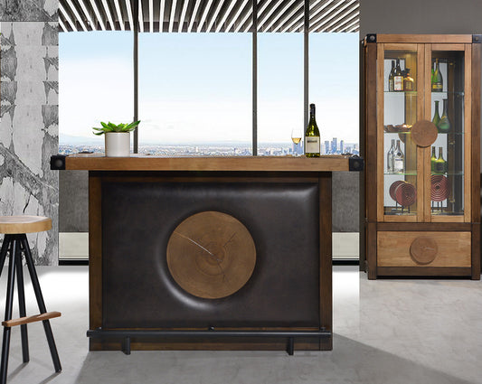 This bar is a must-have in the entertaining ensemble, crafted from vintage brown oak wood veneer with living room 
