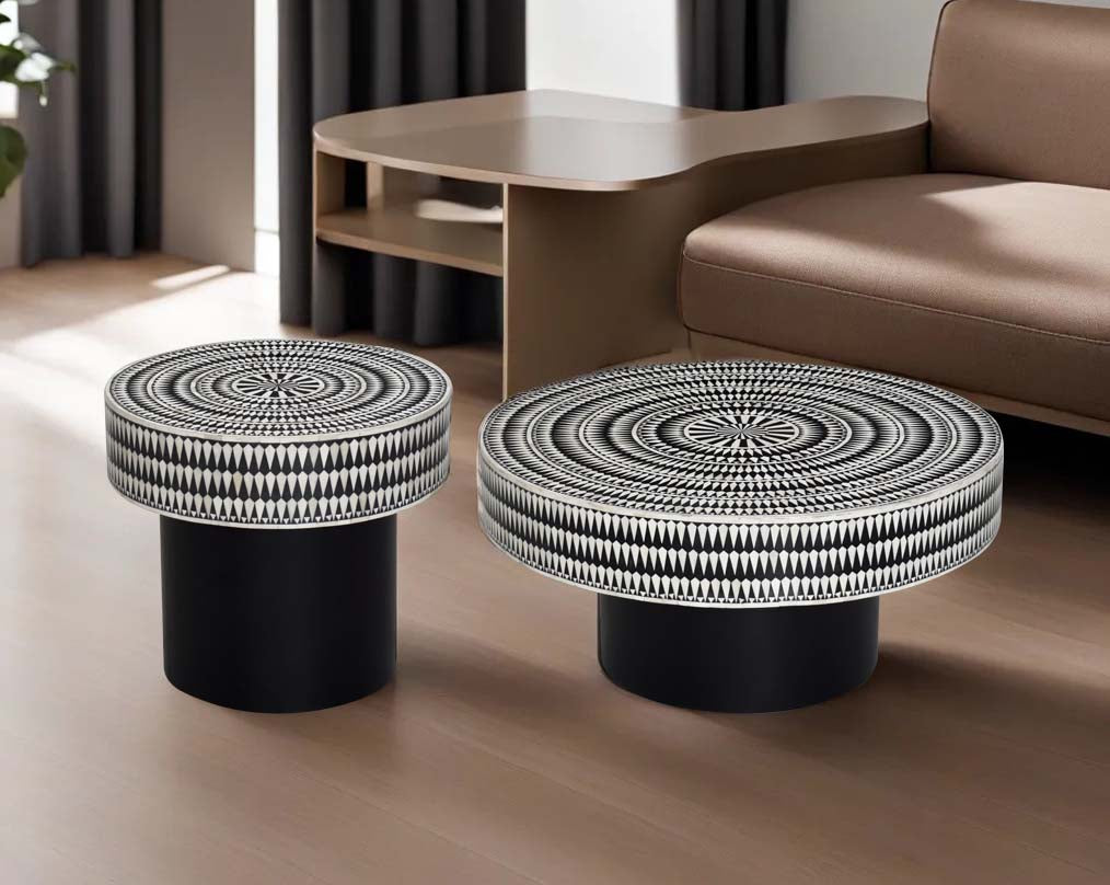 This gorgeous black and white inlay coffee & end table with a black metal base is a perfect statement piece in your living room with sofa