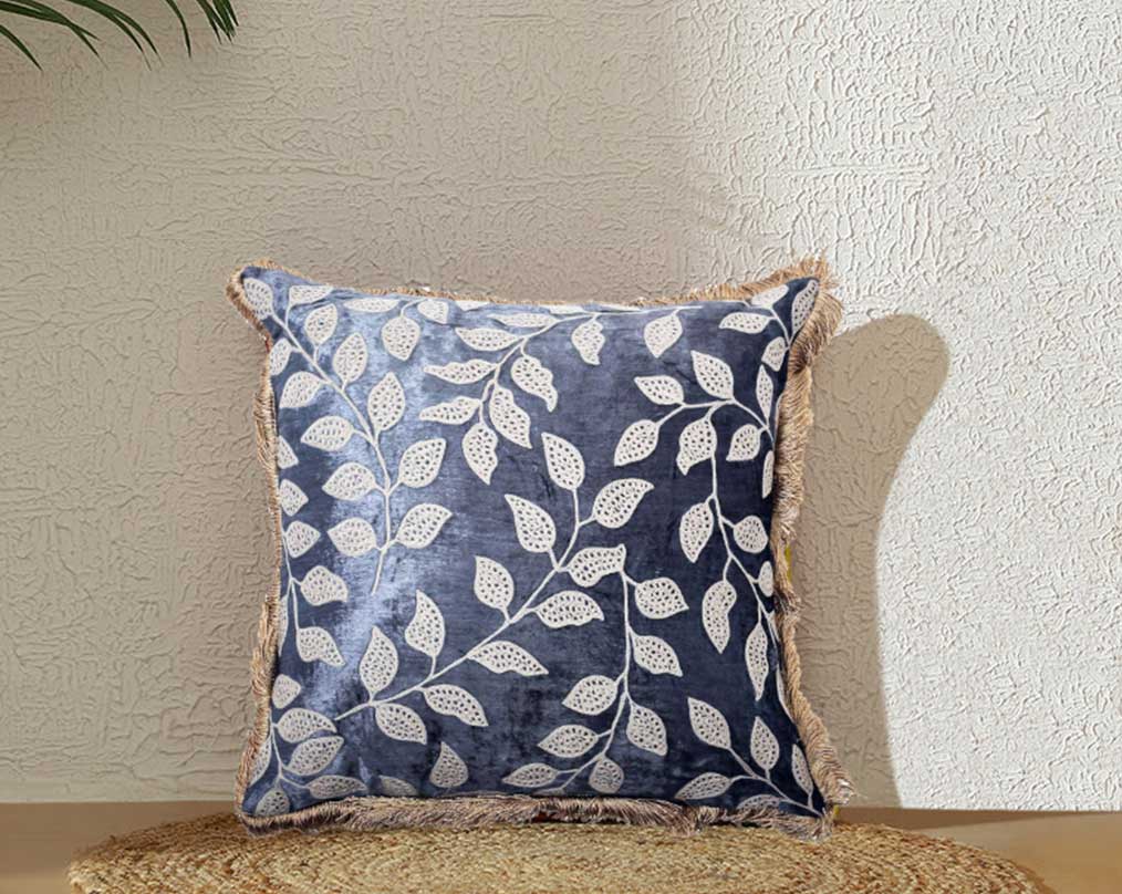 Beige & grey with felt fringes embroidered poly silk cushion with living room