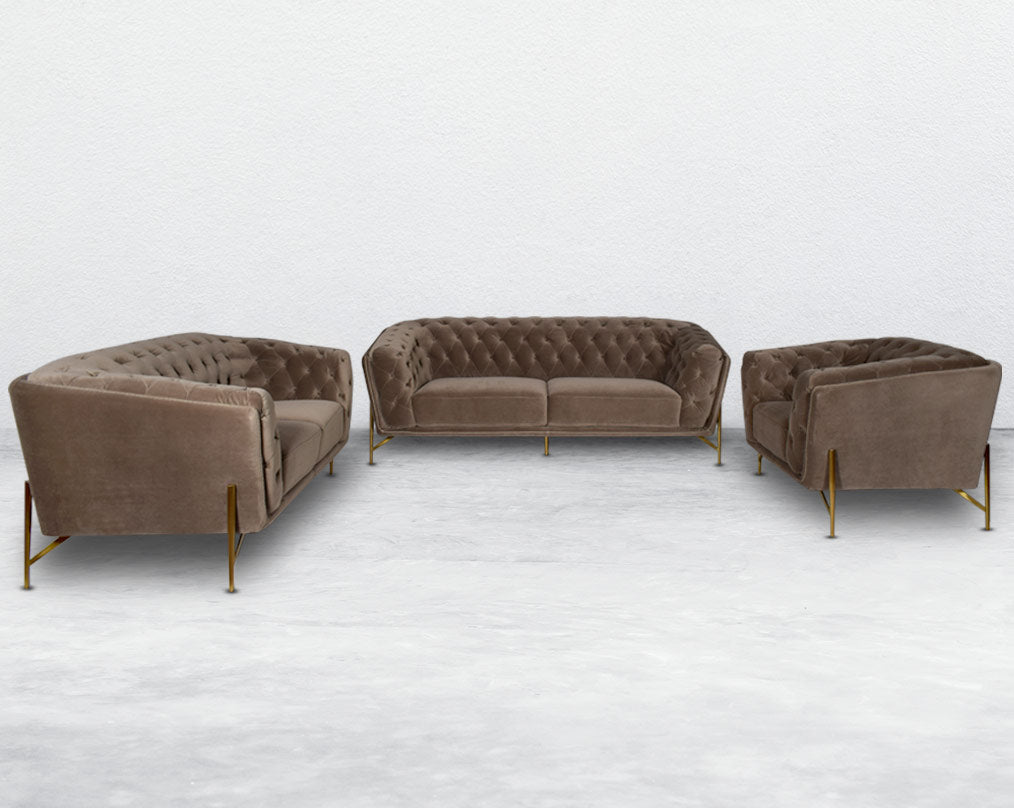 Lean back and lounge in luxurious style on this stunning sofa set. This 3+2+1 glam sofa features plush velvet upholstery that is both classy and sumptuous against your skin, a single seat cushioned
