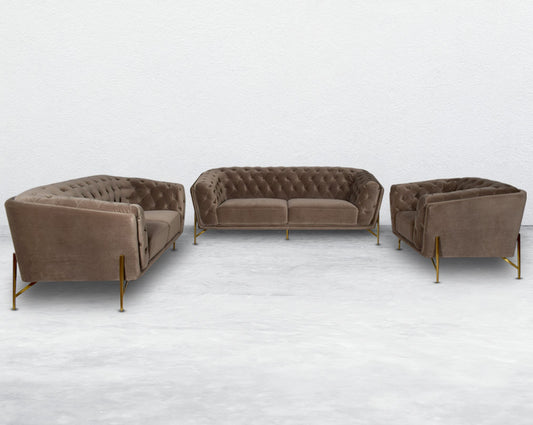 Lean back and lounge in luxurious style on this stunning sofa set. This 3+2+1 glam sofa features plush velvet upholstery that is both classy and sumptuous against your skin, a single seat cushioned