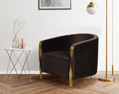 This classic, unique chair is sure to make an exquisite statement in your living space, it is upholstered in luxe brown velvet fabric & its legs
Both its metal leg stands with a gold brush finish are twisted to perfection adding more flair and distinct q