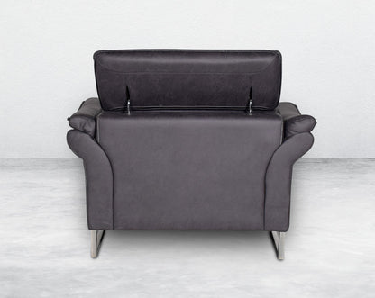 1 seater sofa set upholstered in fabric with adjustable headrest and stainless steel legs in sleek contemporary design.