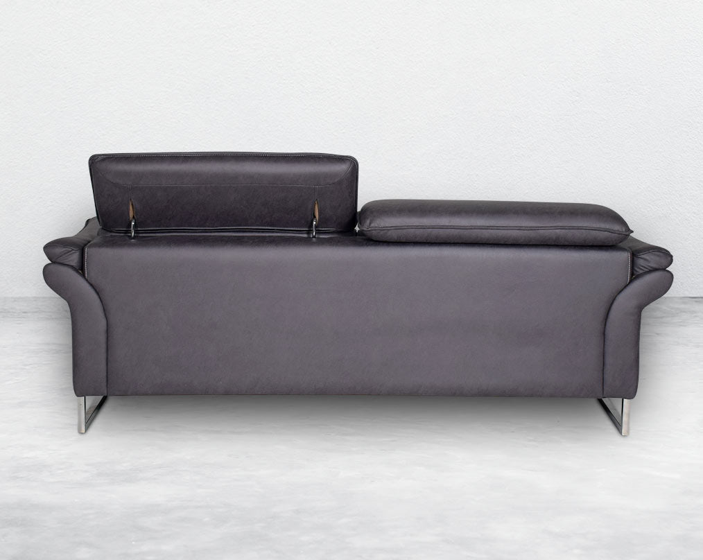 3 seater sofa set upholstered in fabric with adjustable headrest and stainless steel legs in sleek contemporary design.