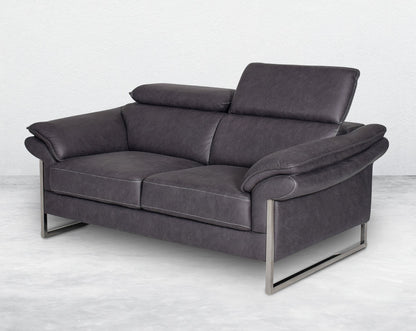 2 seater sofa set upholstered in fabric with adjustable headrest and stainless steel legs in sleek contemporary design.