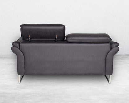 2 seater sofa set upholstered in fabric with adjustable headrest and stainless steel legs in sleek contemporary design.
