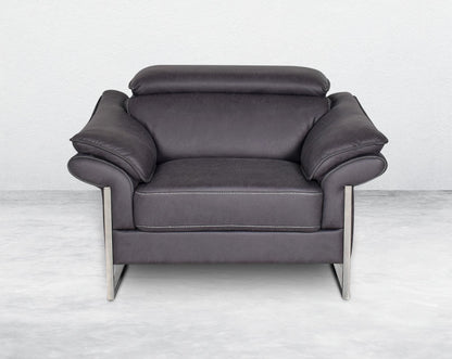 1 seater sofa set upholstered in fabric with adjustable headrest and stainless steel legs in sleek contemporary design.
