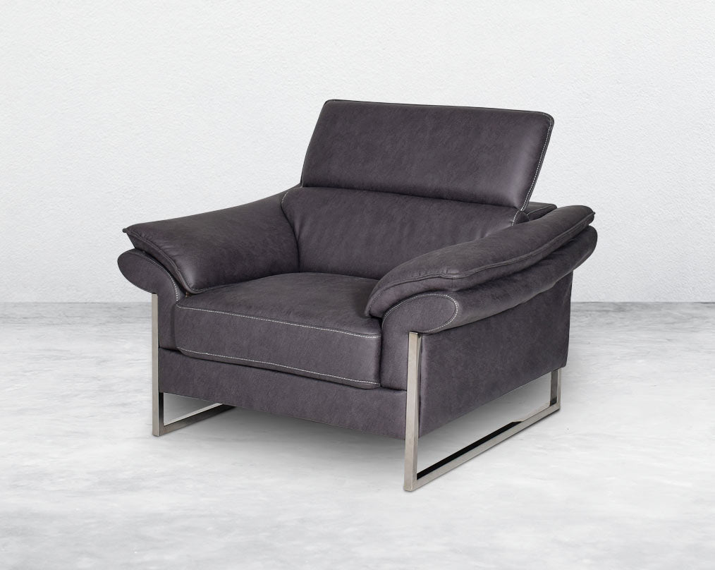 1 seater sofa set upholstered in fabric with adjustable headrest and stainless steel legs in sleek contemporary design.