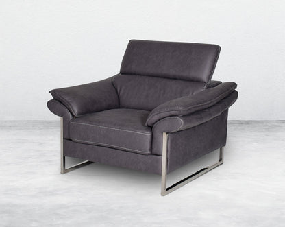 1 seater sofa set upholstered in fabric with adjustable headrest and stainless steel legs in sleek contemporary design.