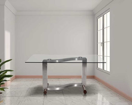 6 seater rectangle dining table with  plant clear tempered glass top with brushed stainless steel and ash wood base