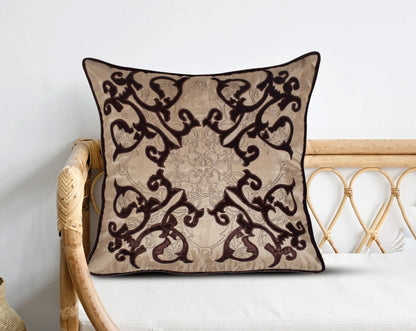 Dark brown and cream poly silk embroidered cushion with wooden sofa