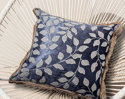 Beige & grey with felt fringes embroidered poly silk cushion.