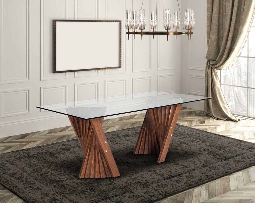 6 seater rectangle dining table with decor light  clear glass top and walnut veneer wood base. 