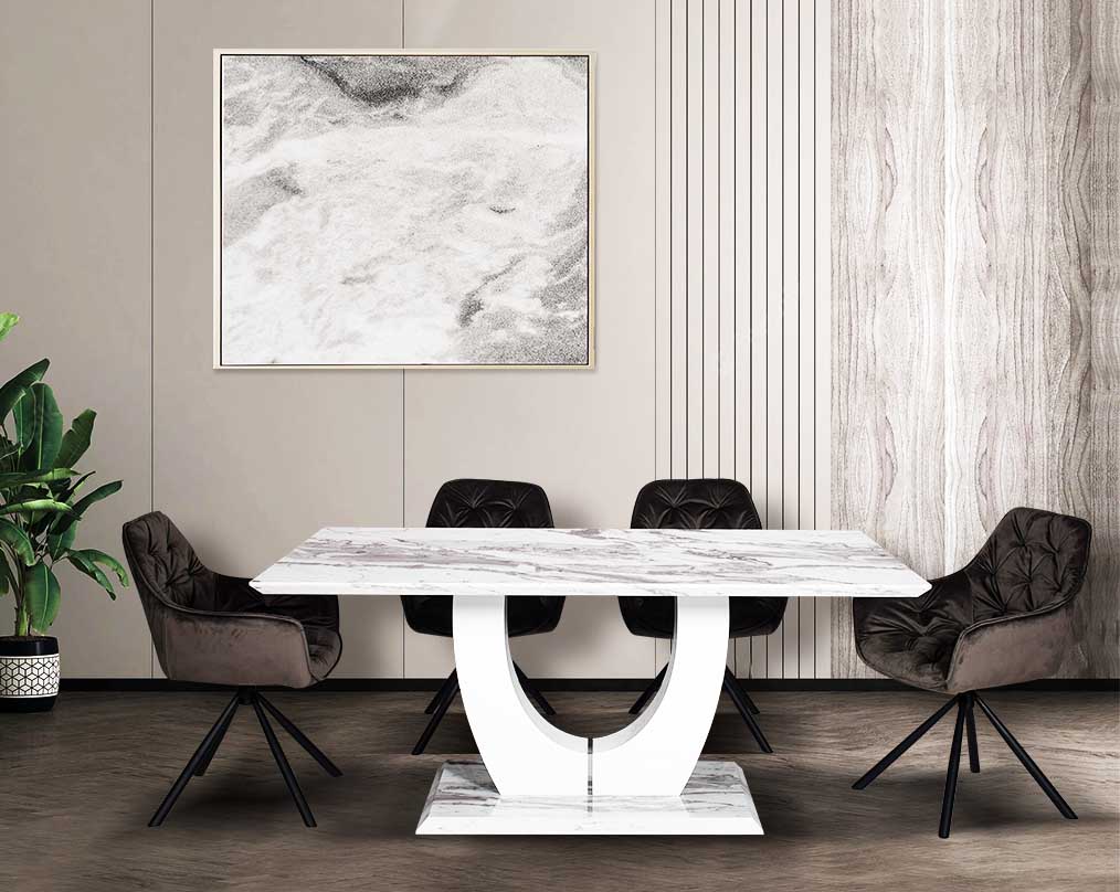 This 6 seater dining table comes with a white imitation Italian marble top with dining chair with plant 