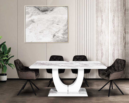 This 6 seater dining table comes with a white imitation Italian marble top with dining chair with plant 