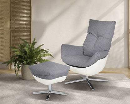 This lounge chair and ottoman set is designed to serve as the epitome of comfort for your leisure time. The chair is made with  pant dense foam padding, comes finely upholstered in fabric with faux leather and stainless steel base with swivel. The lounge 
