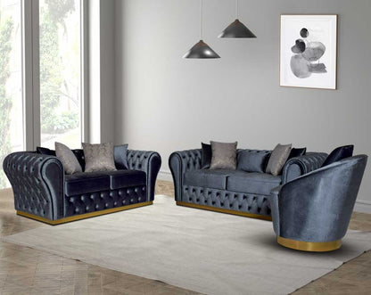 This 3+2 seater sofa set has a resplendent accentuated designer look and elegantly flared plush tufted armrests and backrest for an opulent style. The sofa is upholstered with high-quality velvet fabric and comes with 9 beautiful cushions to compliment