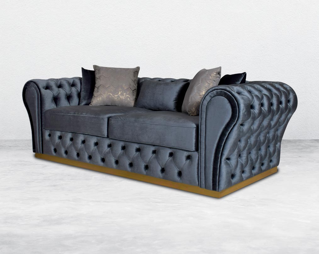 This 2 seater sofa set has a resplendent accentuated designer look and elegantly flared plush tufted armrests and backrest for an opulent style. The sofa is upholstered with high-quality velvet fabric and comes with 6 beautiful cushions to compliment