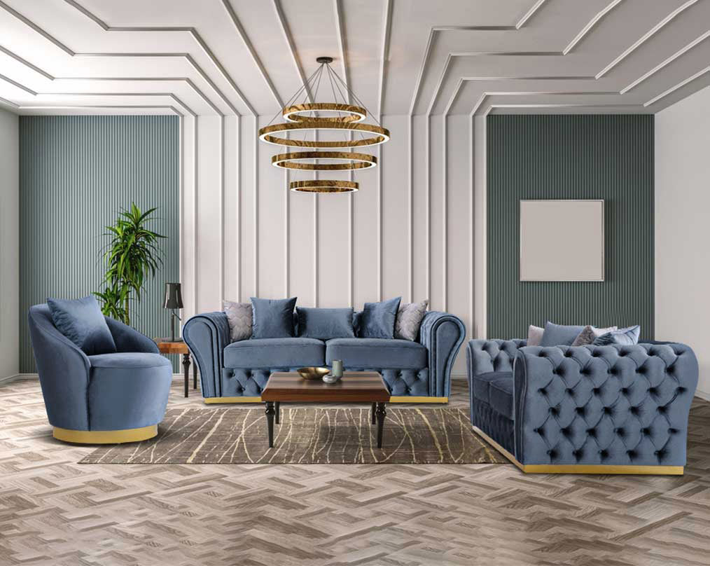 This 3+2 seater sofa set has a resplendent accentuated designer look and elegantly flared plush tufted armrests and backrest for an opulent style. The sofa is upholstered with high-quality velvet fabric and comes with 9 beautiful cushions to compliment