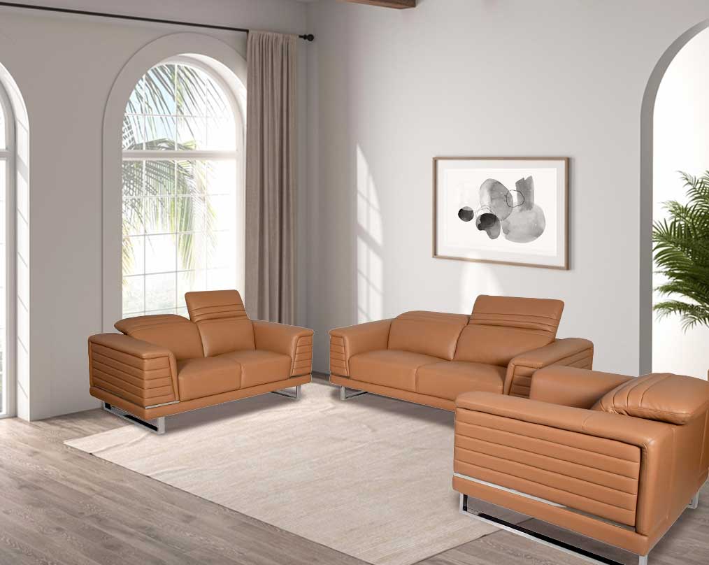 3+2+1 seater leather sofa set with quilted sides & back with stainless steel frame & base It has an adjustable headrest & it is in glamorous, luxurious contemporary design.