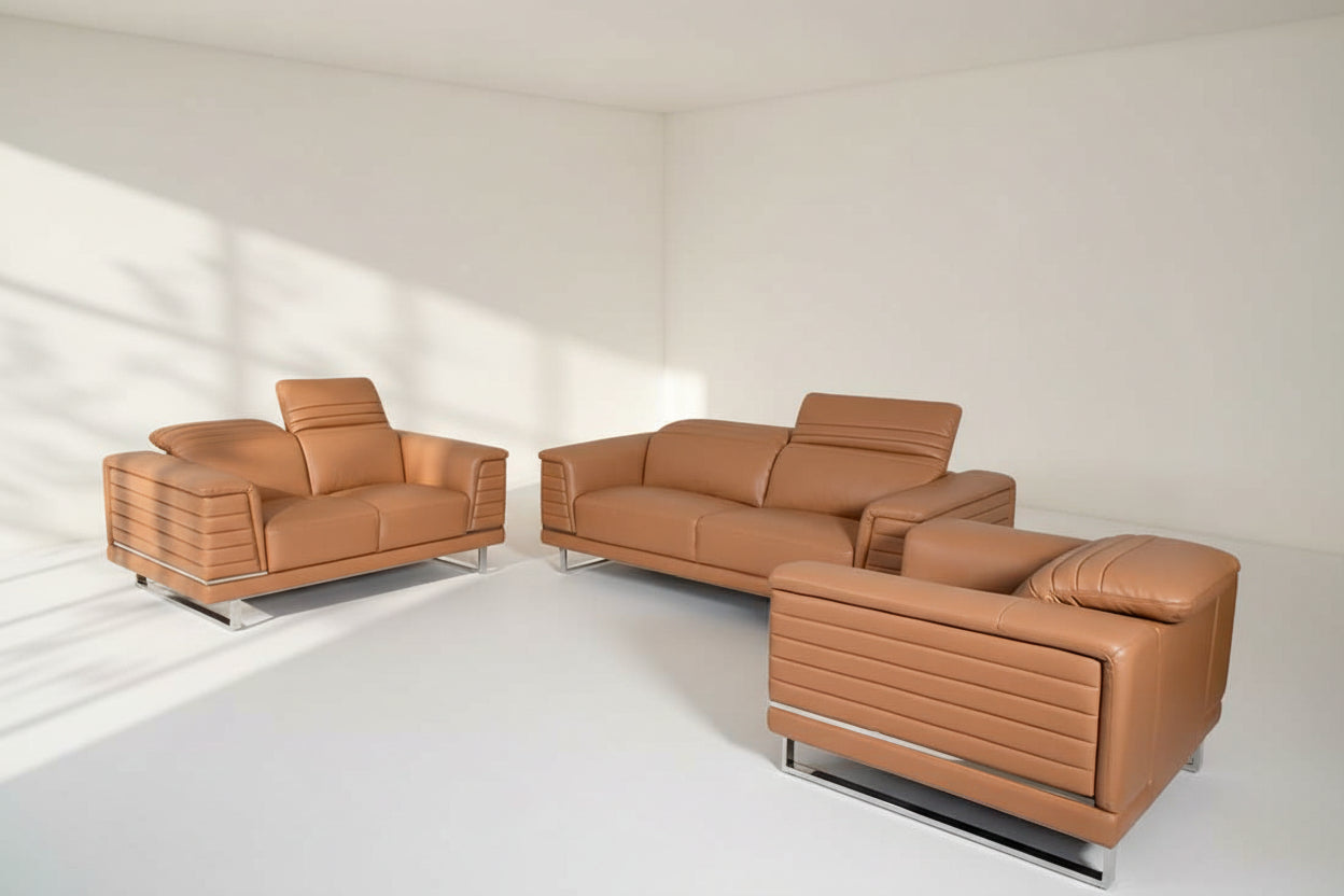 3+2+1 seater leather sofa set with quilted sides & back with stainless steel frame & base It has an adjustable headrest & it is in glamorous, luxurious contemporary design.