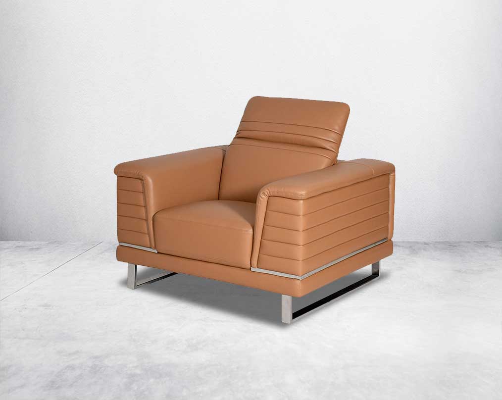 1 seater leather sofa set with quilted sides & back with stainless steel frame & base It has an adjustable headrest & it is in glamorous, luxurious contemporary design.