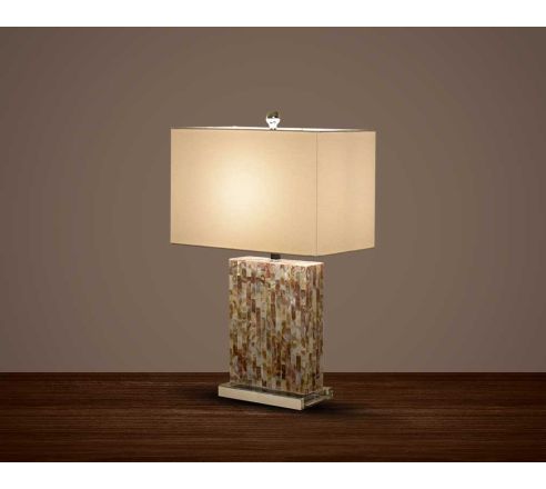 Table lamp in a stone mosaic pattern with a gold metal base and translucent fabric shade in an earthy natural design.