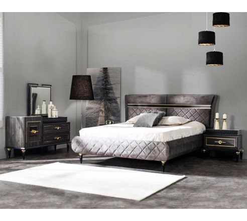 High back bed in king size in dark oak upholstered & quilted in fabric with antique gold design motif in modern classic design. The bed comes with hydraulic lift storage. Bedside table in dark oak finish with antique gold design motif and two drawers with