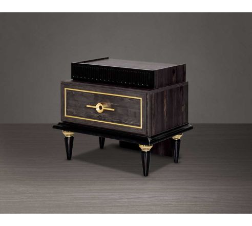 Bedside table in dark oak finish with antique gold design motif and two drawers with golden handles in modern classic design side view
