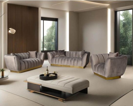 This gorgeous neo-classic 3+2+1 seater sofa is upholstered in high-quality velvet fabric with a vertical quilted backrest that accentuates simplicity and comes with 6 beautiful cushions to compliment.