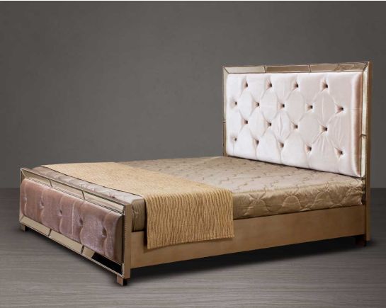Bed in king size with high back upholstered and tufted in fabric in mirror and antique silver.