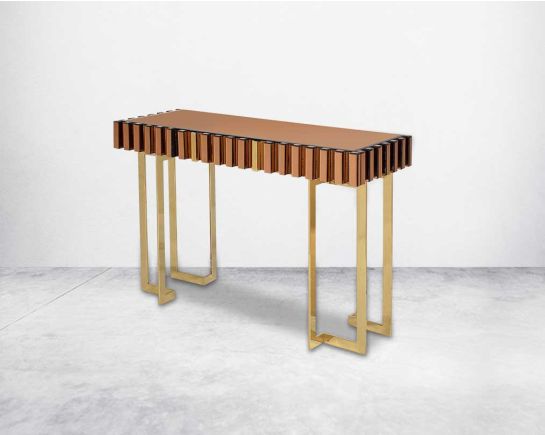 The table has one drawer with rectangular wall mirror with gold mirror border & stainless steel frame in rich contemporary design side view