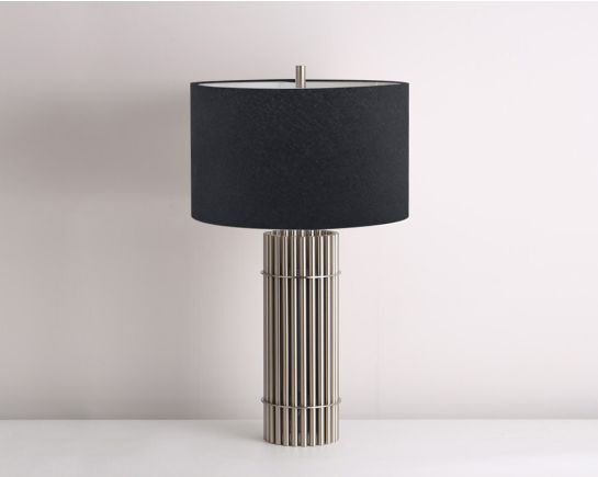 Table lamp in coffee bronze decorative fluted metal base & translucent fabric shade in ultra-modern design.